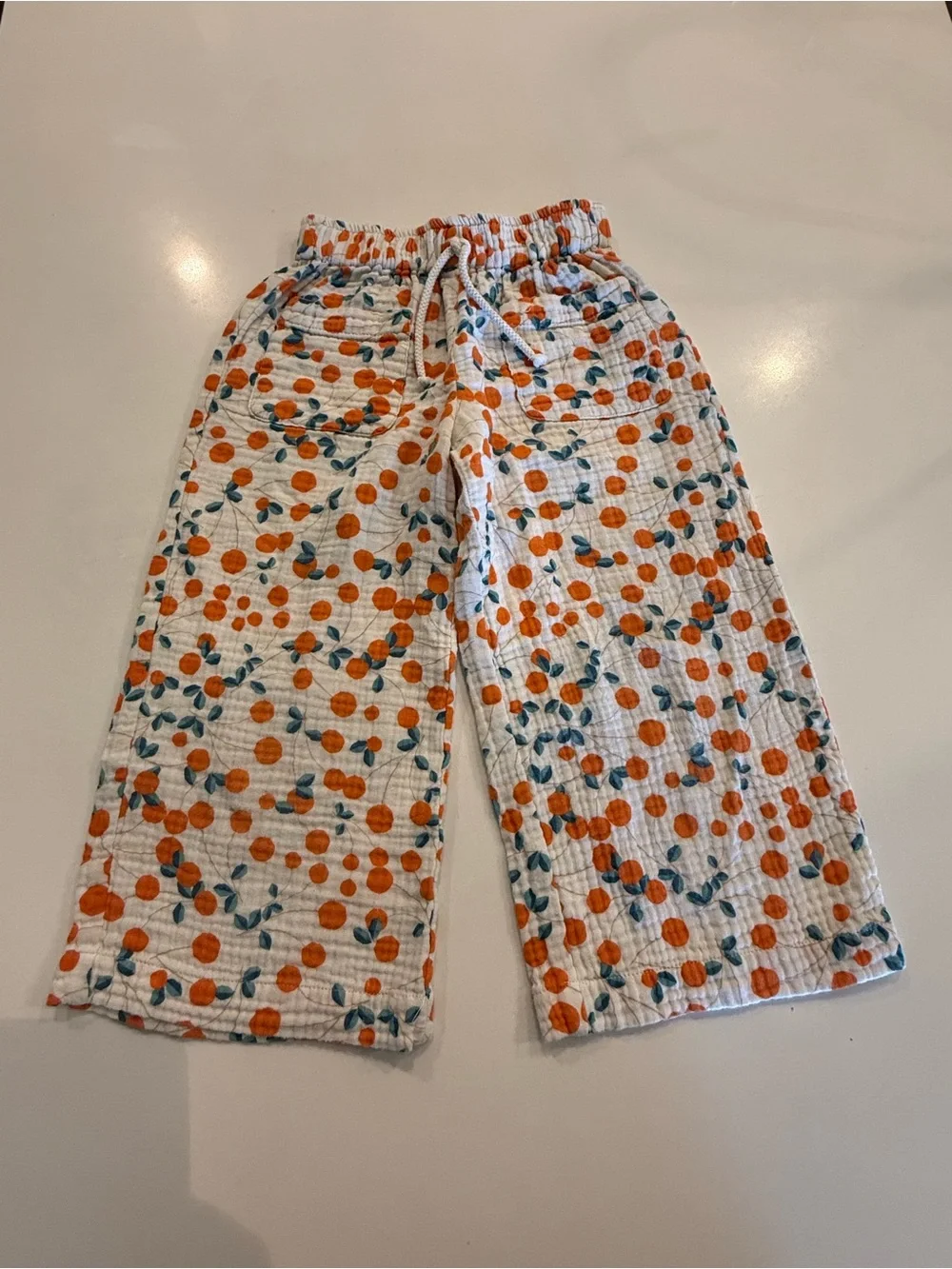 Zara White Pajama Pants with Orange Dot and Teal Leaf Print